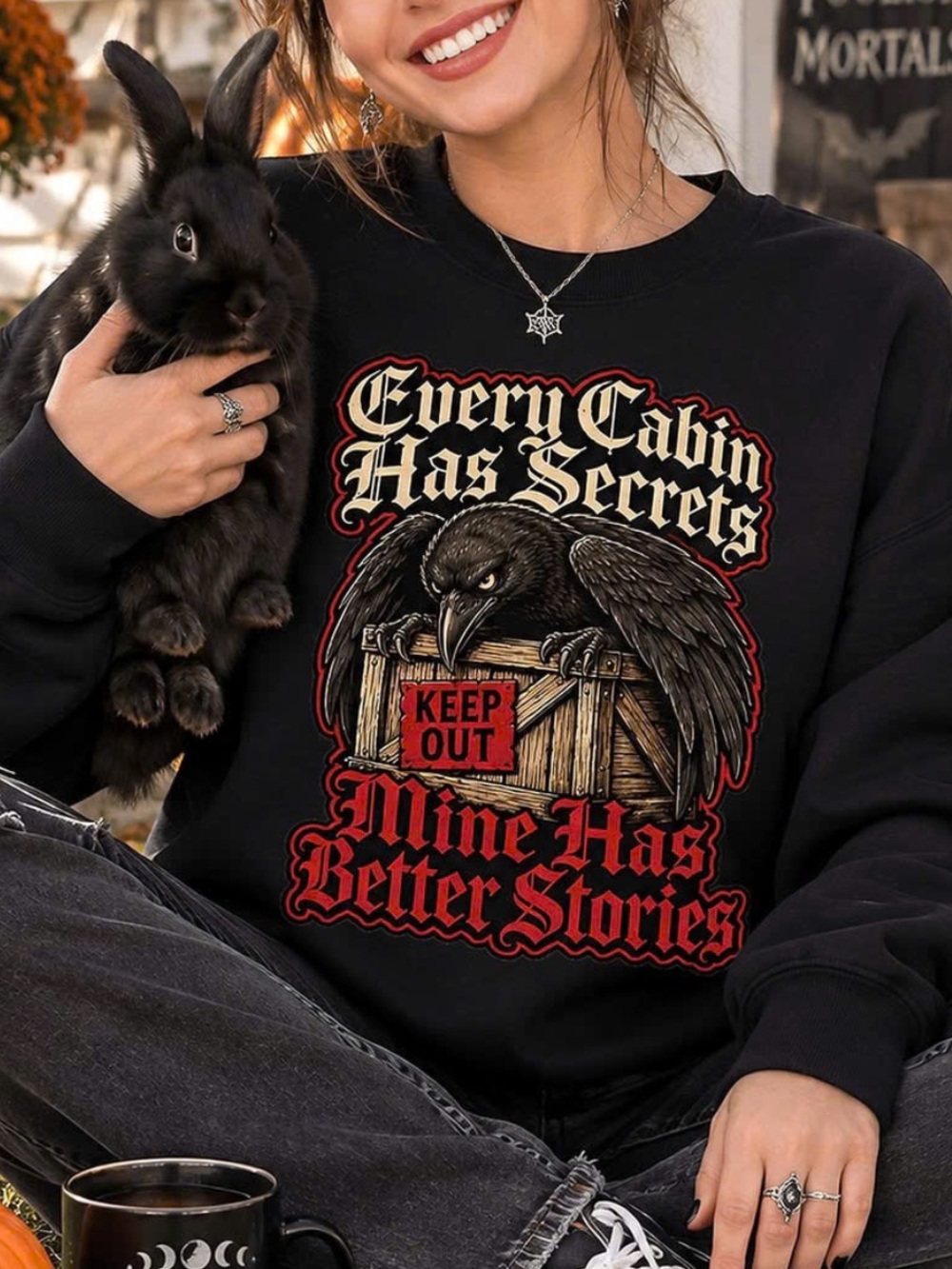 Black Raven Graphic Sweatshirt, Retro Every Cabin Has Secrets Sweatshirt